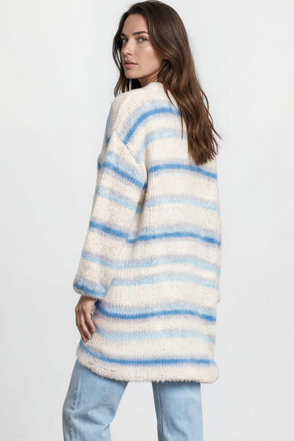 Delaney Cardigan - Open Front Stripe Knit with Pockets in Blue