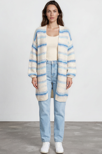 Delaney Cardigan - Open Front Stripe Knit with Pockets in Blue