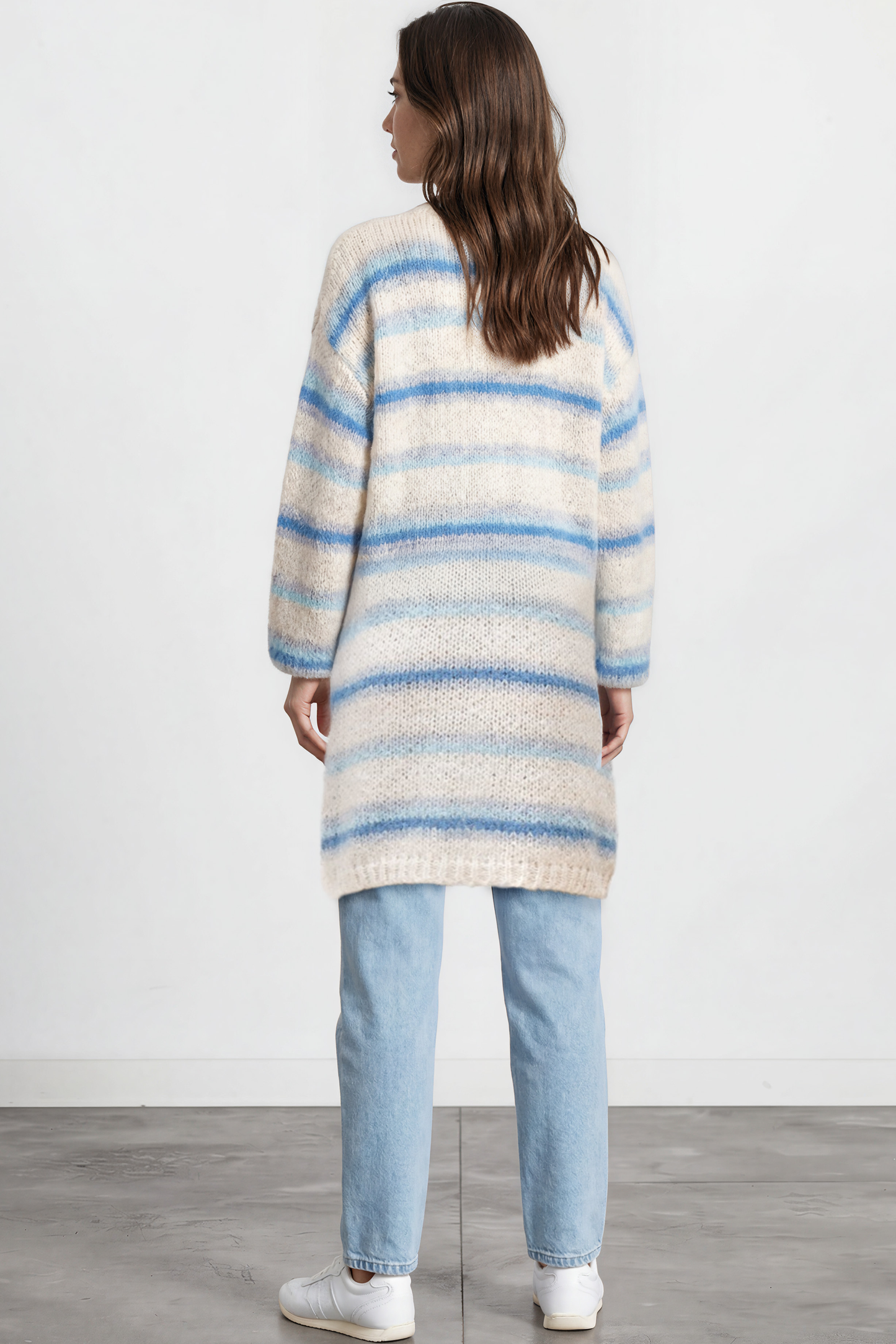Delaney Cardigan - Open Front Stripe Knit with Pockets in Blue