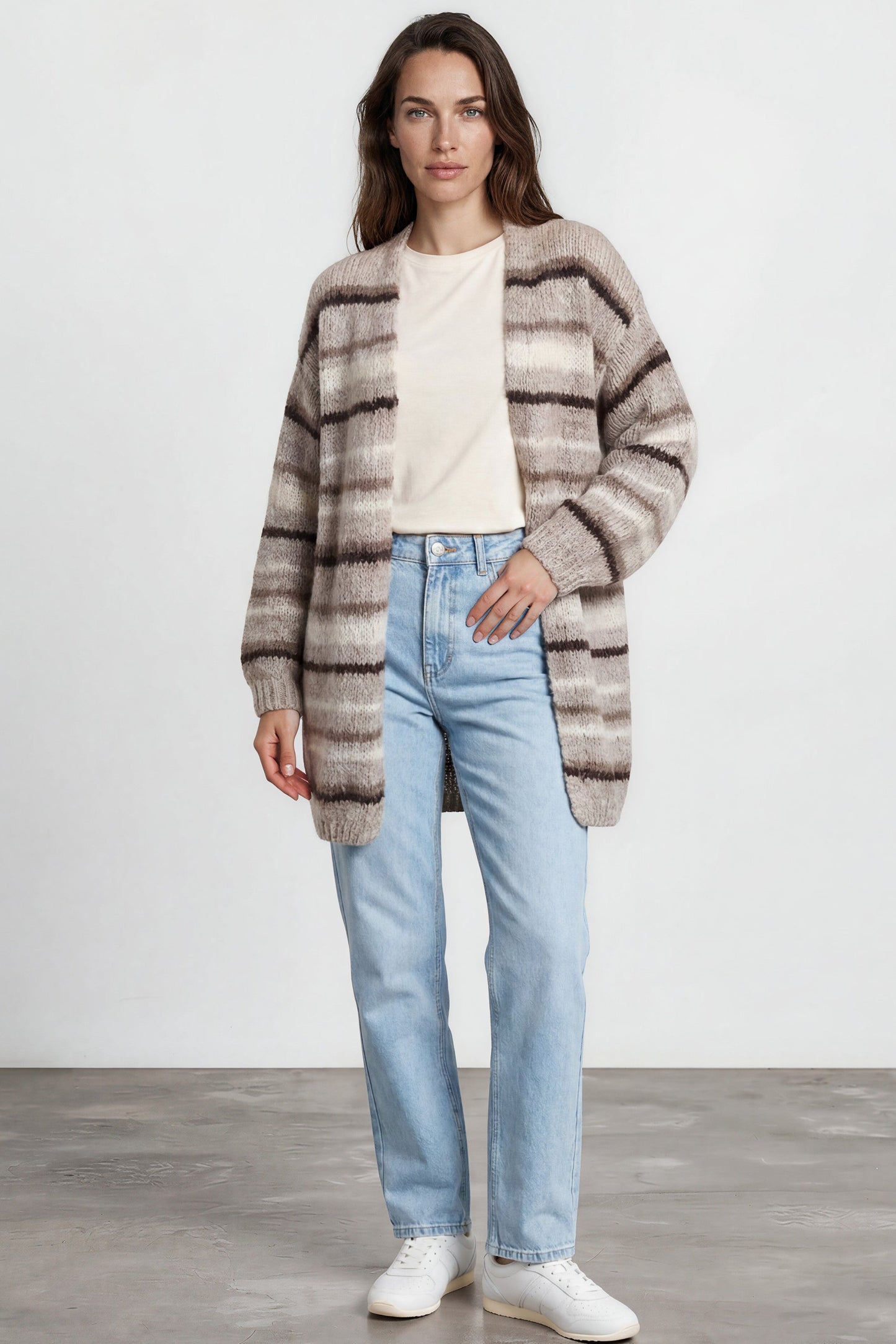 Delaney Cardigan - Open Front Stripe Knit with Pockets in Brown
