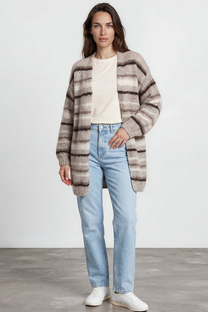 Delaney Cardigan - Open Front Stripe Knit with Pockets in Brown