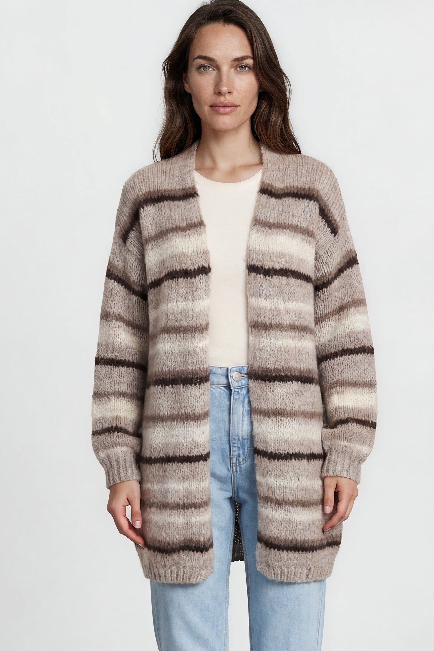 Delaney Cardigan - Open Front Stripe Knit with Pockets in Brown