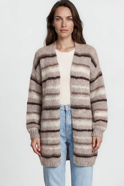 Delaney Cardigan - Open Front Stripe Knit with Pockets in Brown