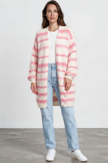 Delaney Cardigan - Open Front Stripe Knit with Pockets in Pink