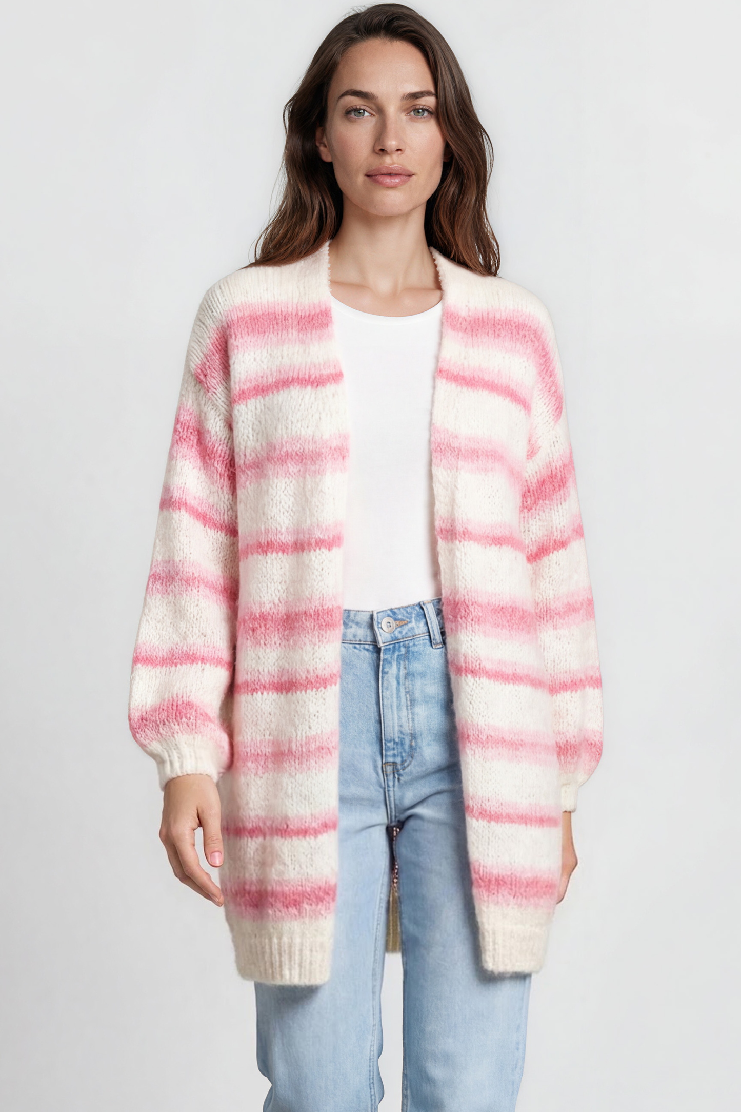 Delaney Cardigan - Open Front Stripe Knit with Pockets in Pink