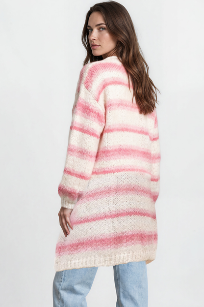 Delaney Cardigan - Open Front Stripe Knit with Pockets in Pink