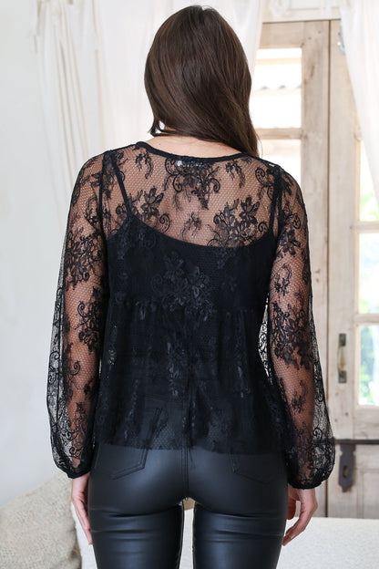 Denni Top - Lace Empire Bustline Pull Over with Matching Singlet Underlay in Black
