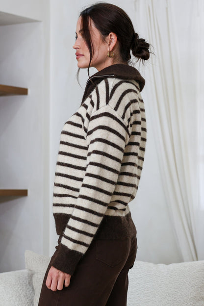 Dennis Jumper - Chunky Collar with Zipper Stripe Knit in Latte
