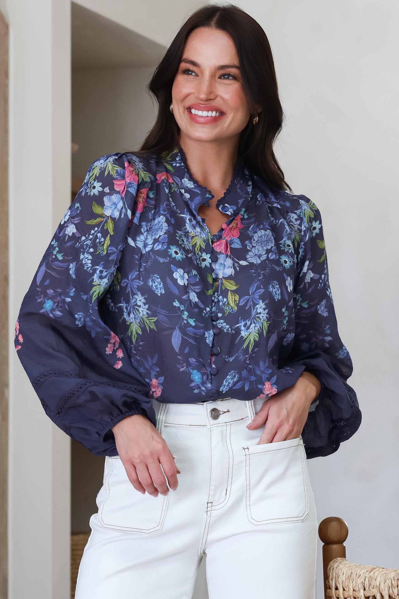 Diandra Blouse - Lace Trim Mandarin Collar Button Down with Balloon Sleeves in Elsie Print