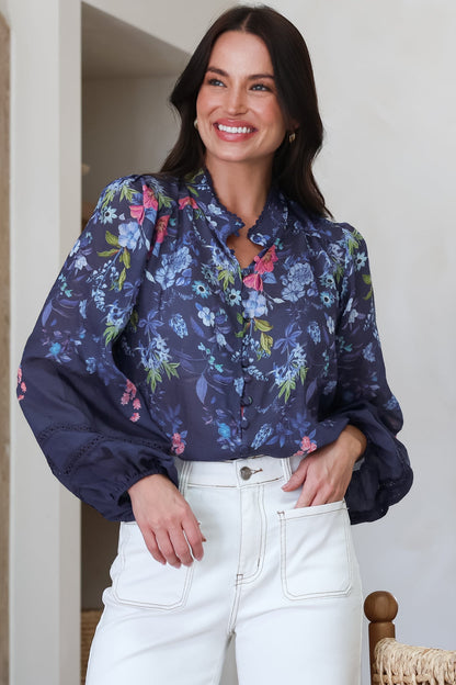 Diandra Blouse - Lace Trim Mandarin Collar Button Down with Balloon Sleeves in Elsie Print