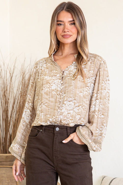 Diandra Blouse - Mandarin Collar Button Down with Lace Insert Detailing in Rossa Print