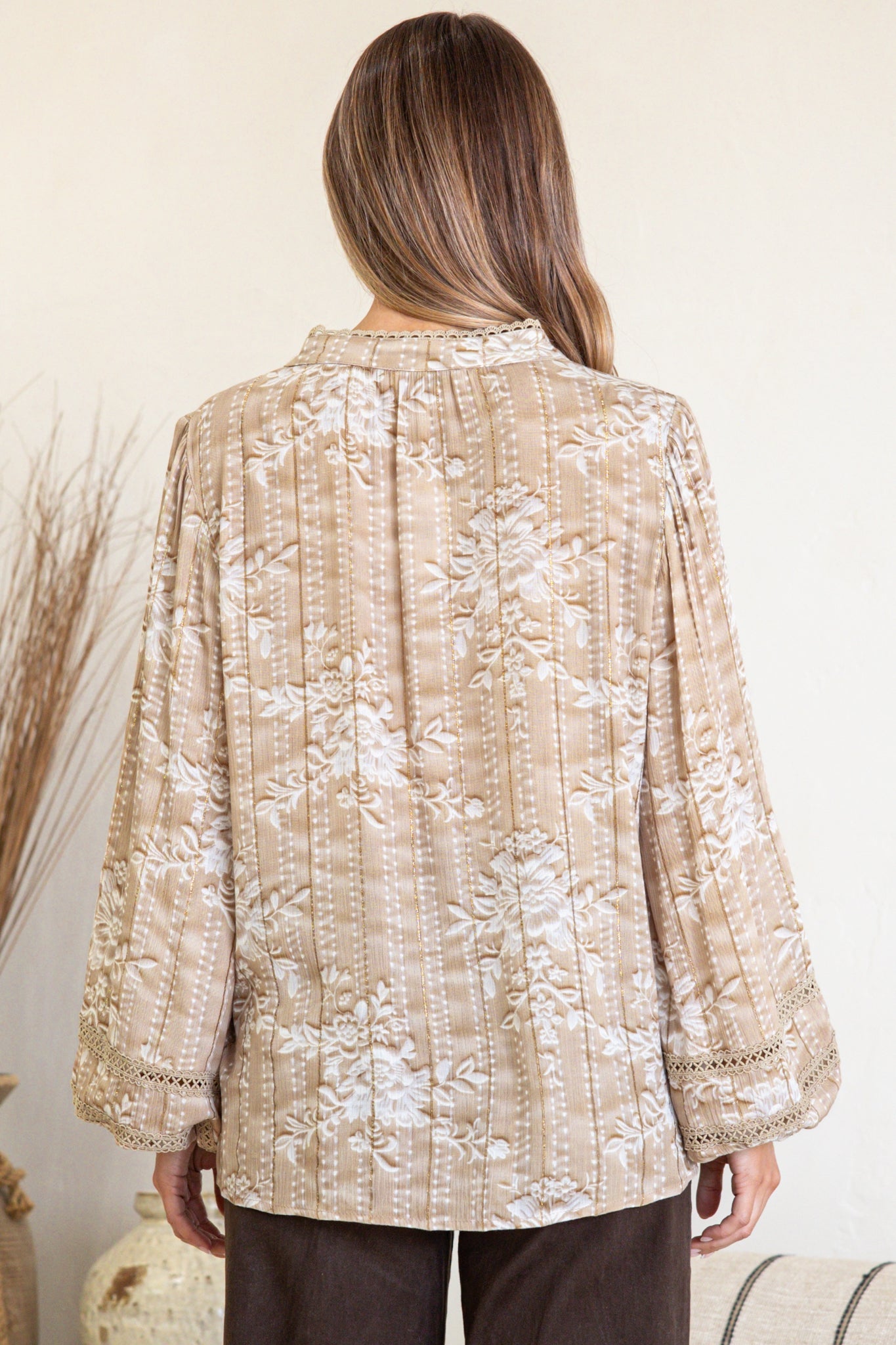Diandra Blouse - Mandarin Collar Button Down with Lace Insert Detailing in Rossa Print