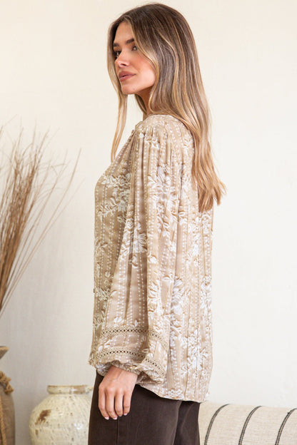 Diandra Blouse - Mandarin Collar Button Down with Lace Insert Detailing in Rossa Print