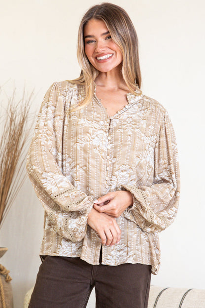 Diandra Blouse - Mandarin Collar Button Down with Lace Insert Detailing in Rossa Print