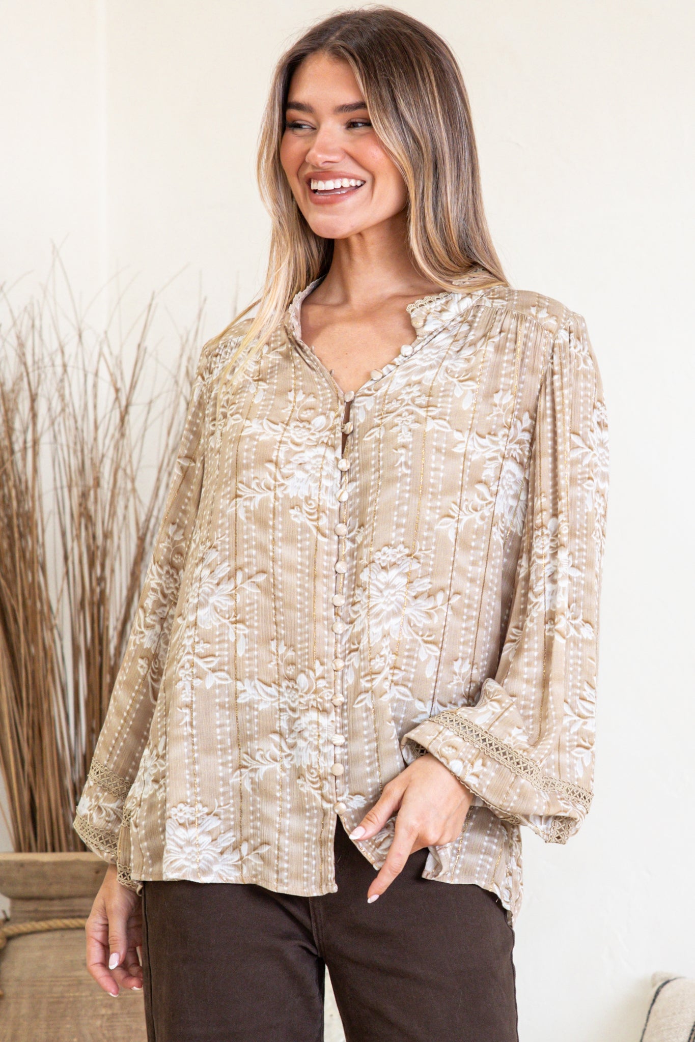 Diandra Blouse - Mandarin Collar Button Down with Lace Insert Detailing in Rossa Print