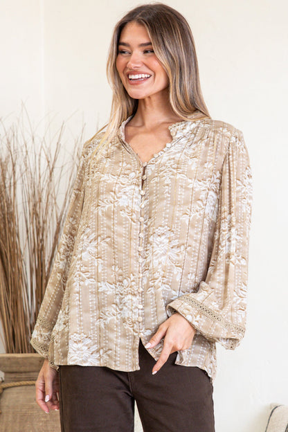 Diandra Blouse - Mandarin Collar Button Down with Lace Insert Detailing in Rossa Print