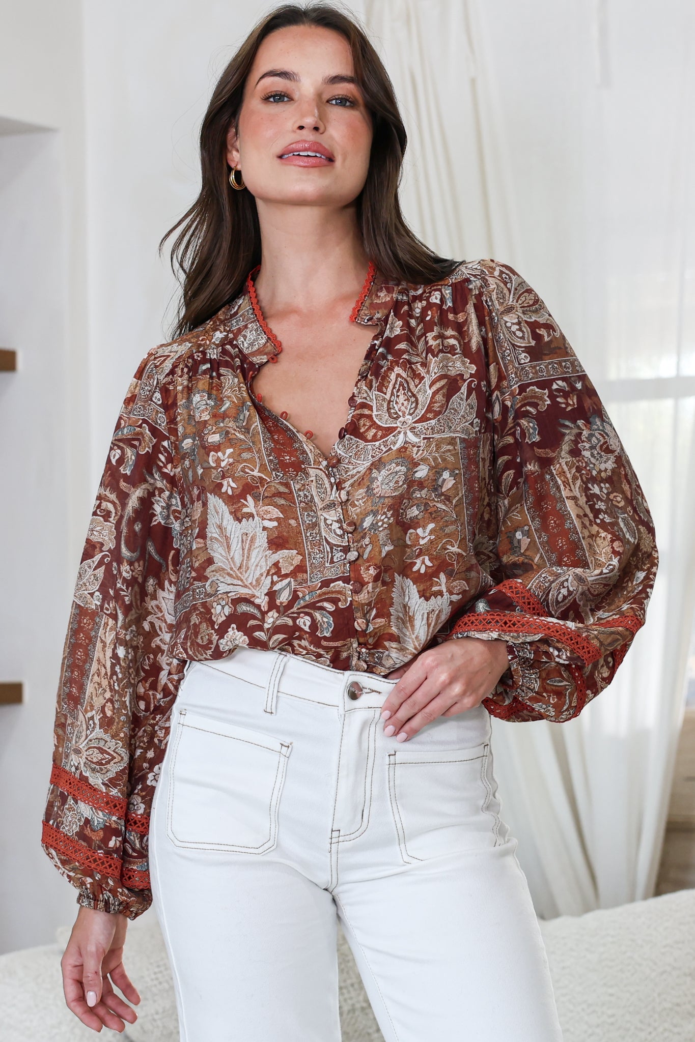 Diandra Blouse - Mandarin Collar Button Down with Lace Insert Detailing in Banter Print