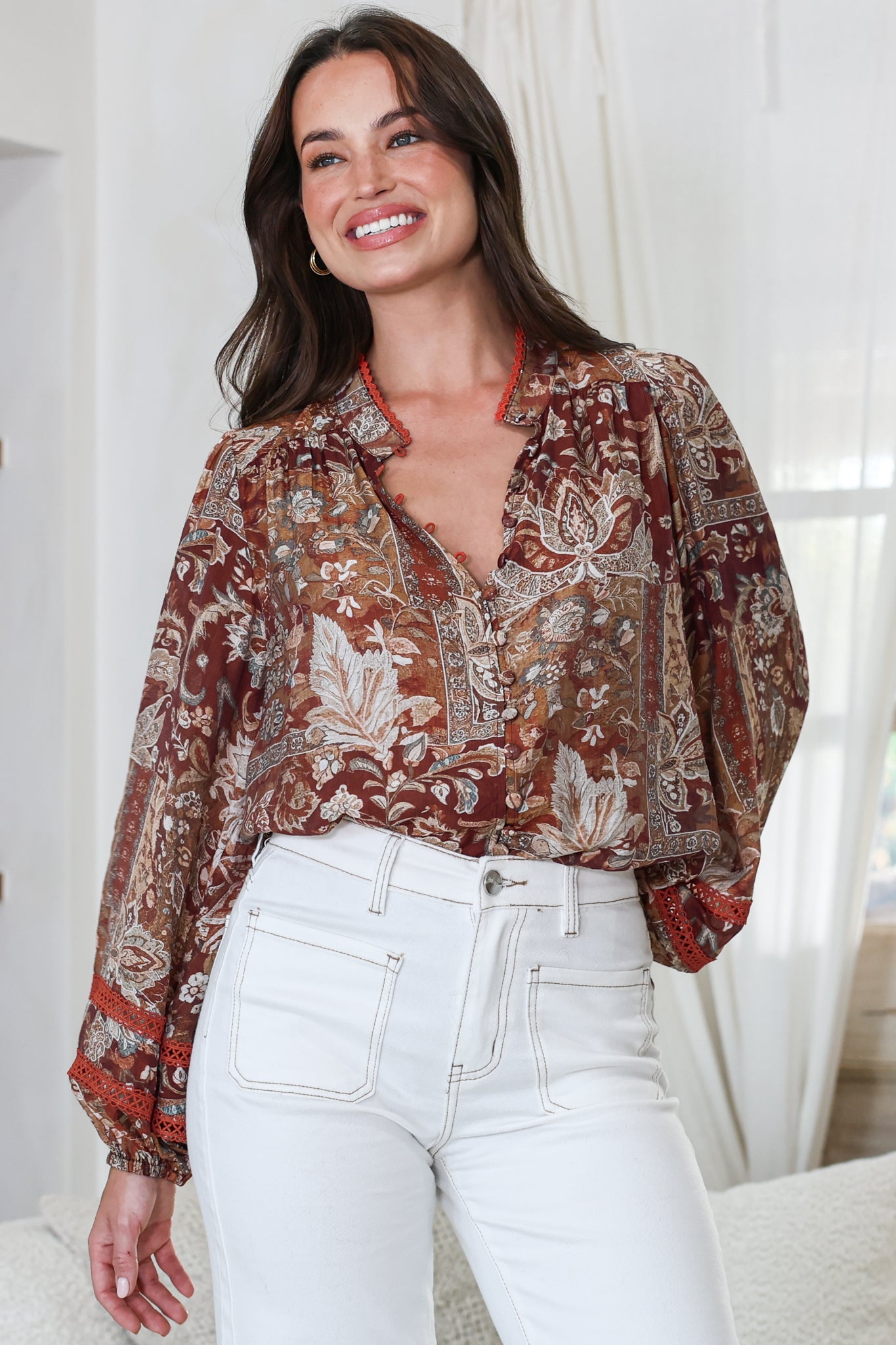 Diandra Blouse - Mandarin Collar Button Down with Lace Insert Detailing in Banter Print