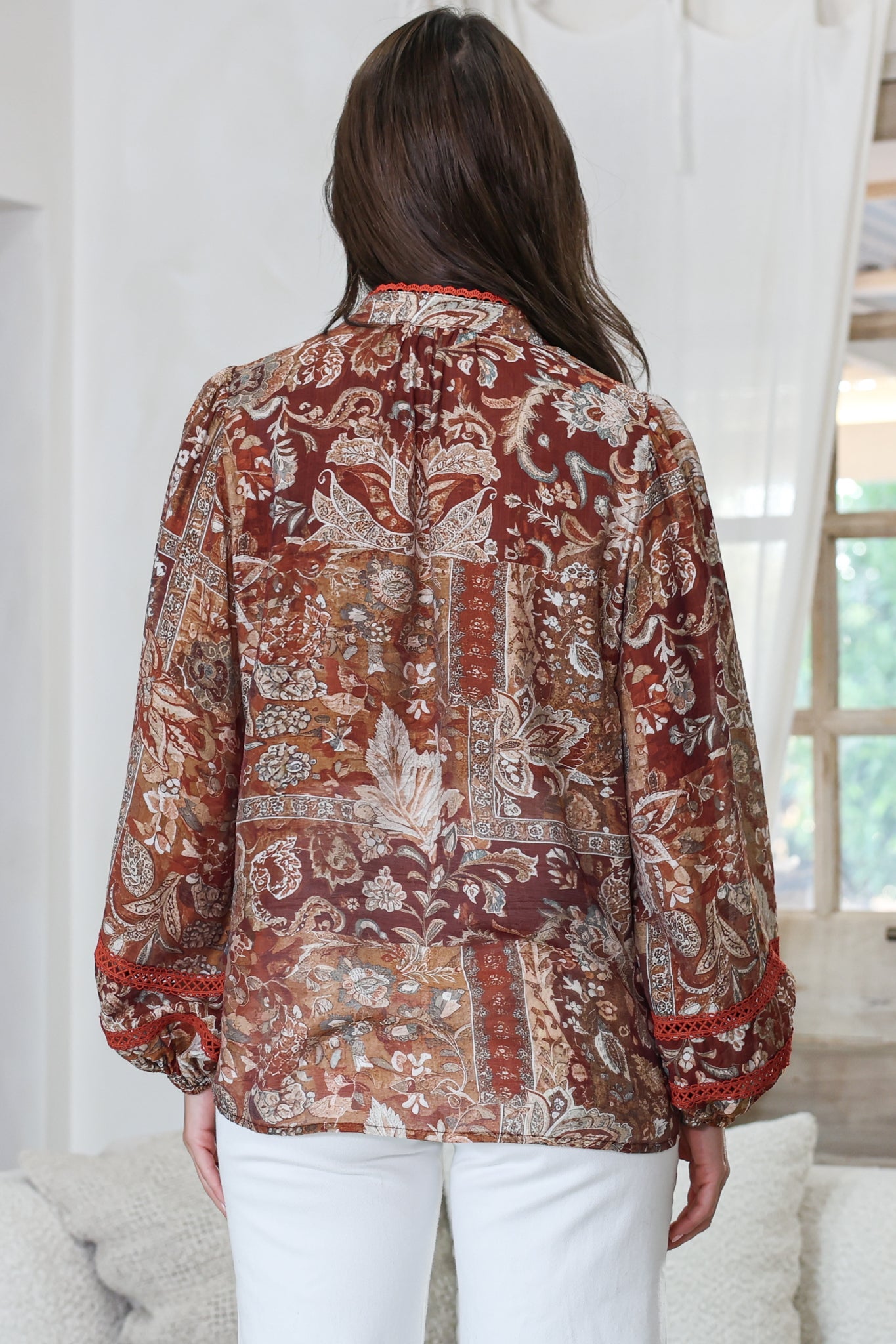 Diandra Blouse - Mandarin Collar Button Down with Lace Insert Detailing in Banter Print