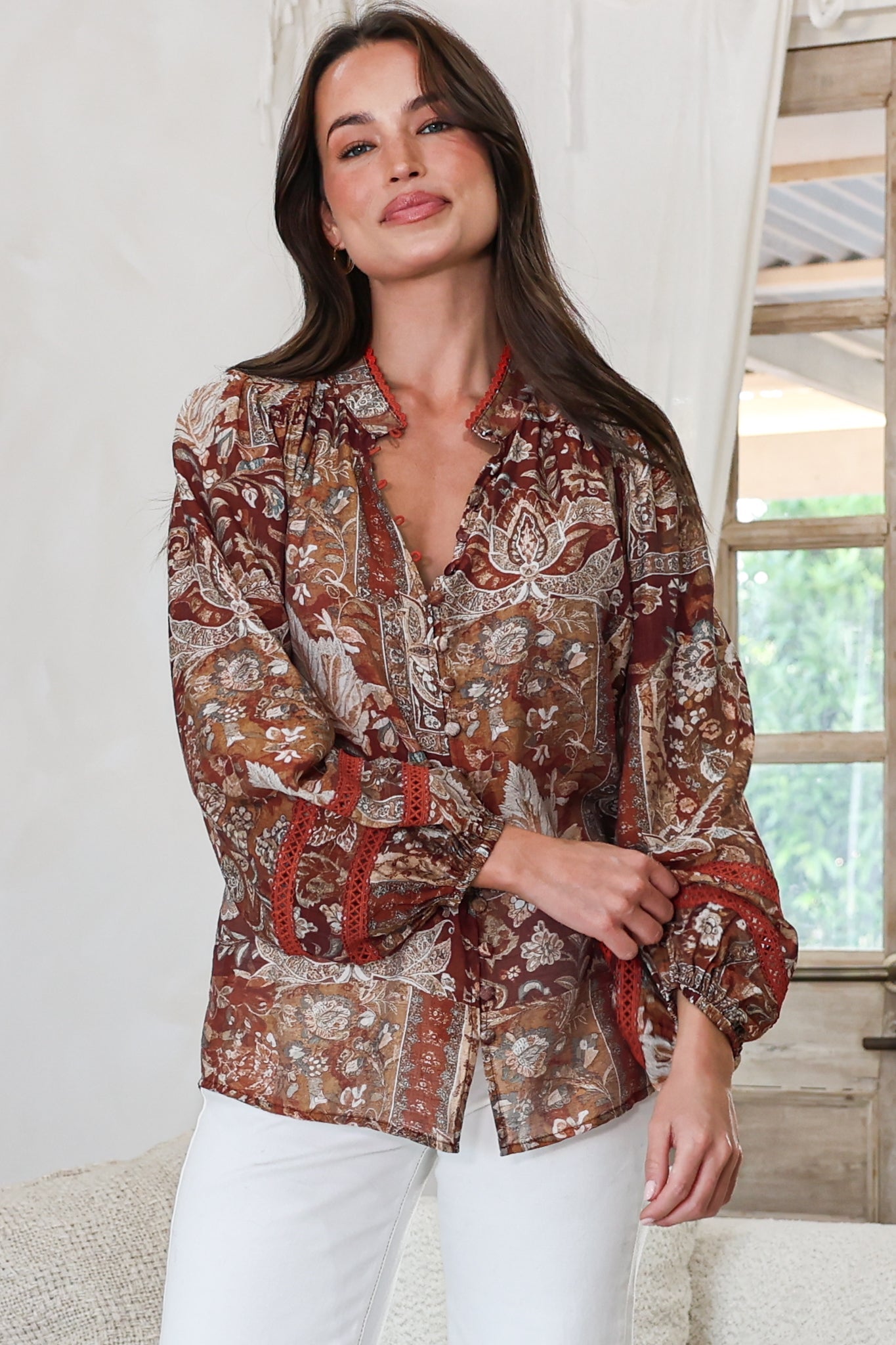 Diandra Blouse - Mandarin Collar Button Down with Lace Insert Detailing in Banter Print