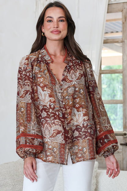 Diandra Blouse - Mandarin Collar Button Down with Lace Insert Detailing in Banter Print