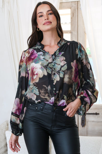 Diandra Blouse - Lace Trim Mandarin Collar Button Down with Balloon Sleeves in Scandalous Print