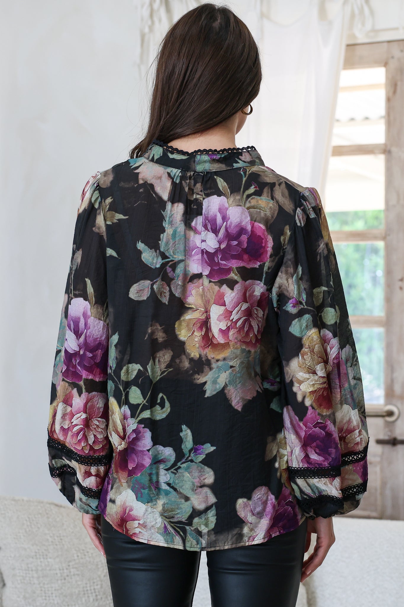Diandra Blouse - Lace Trim Mandarin Collar Button Down with Balloon Sleeves in Scandalous Print