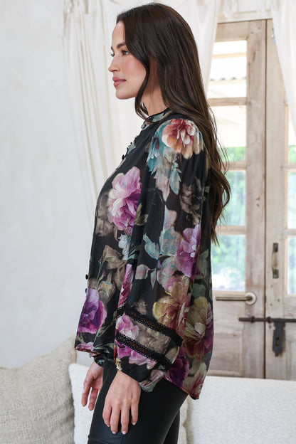 Diandra Blouse - Lace Trim Mandarin Collar Button Down with Balloon Sleeves in Scandalous Print
