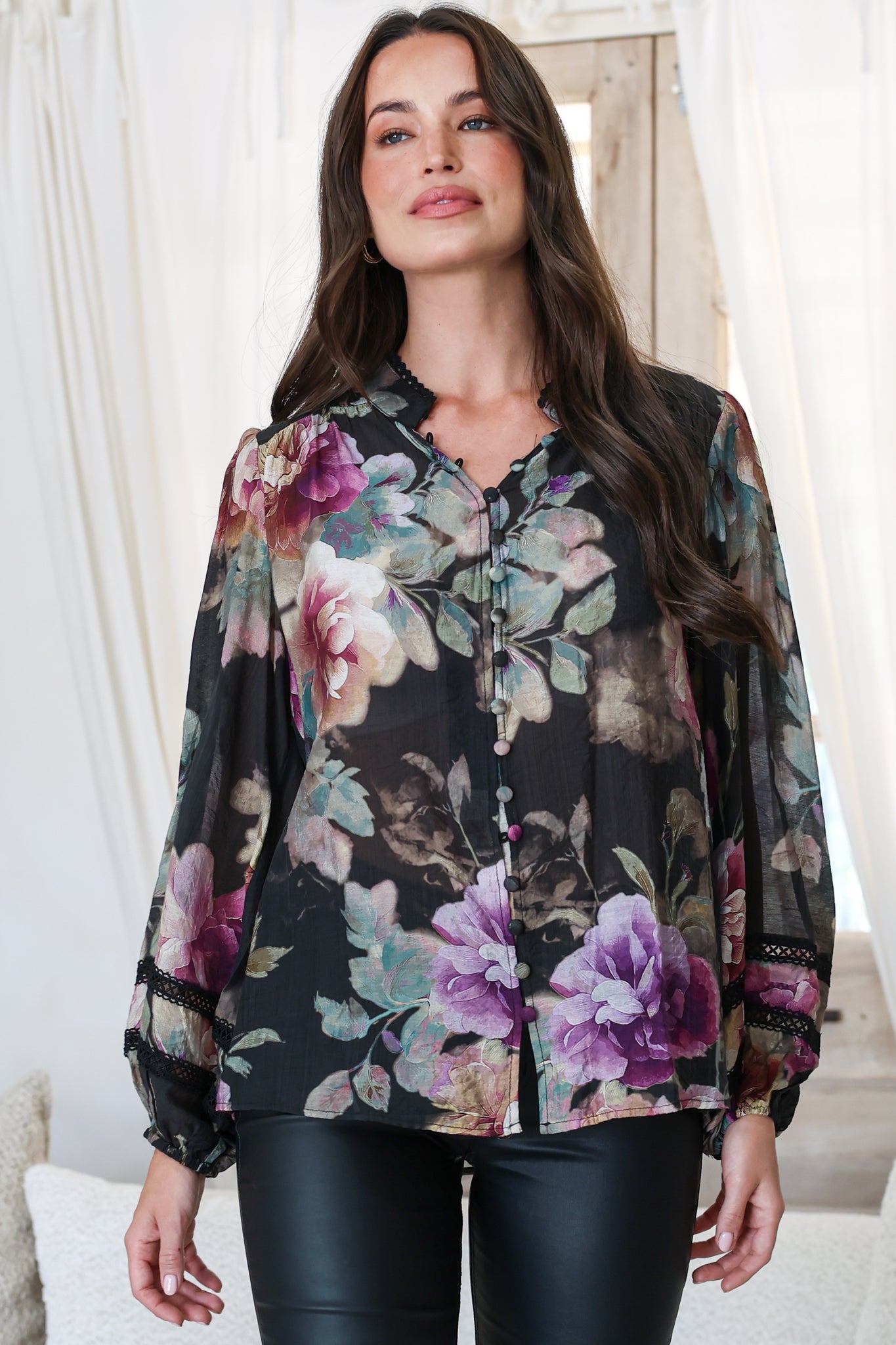Diandra Blouse - Lace Trim Mandarin Collar Button Down with Balloon Sleeves in Scandalous Print