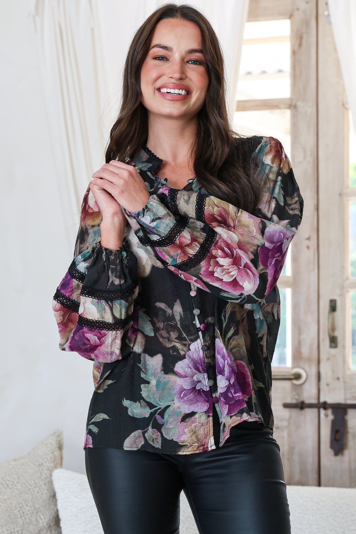 Diandra Blouse - Lace Trim Mandarin Collar Button Down with Balloon Sleeves in Scandalous Print
