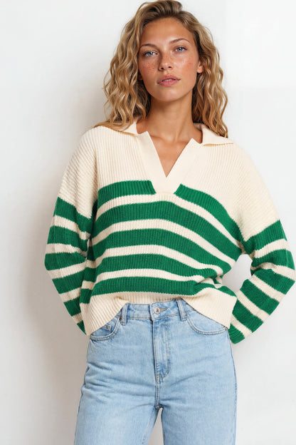 Dixon Jumper - Wing Collar Striped V Neck Jumper in Cream/Green