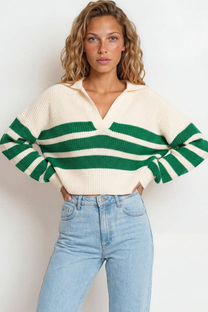 Dixon Jumper - Wing Collar Striped V Neck Jumper in Cream/Green