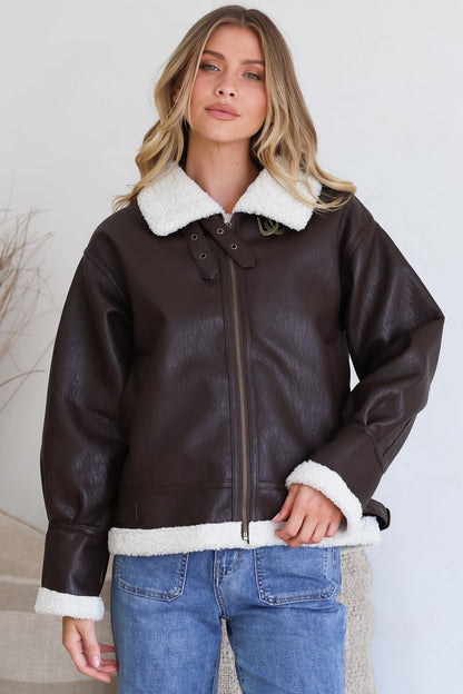Domingo Jacket - Wing Collared Fleece Lined Biker Jacket in Brown