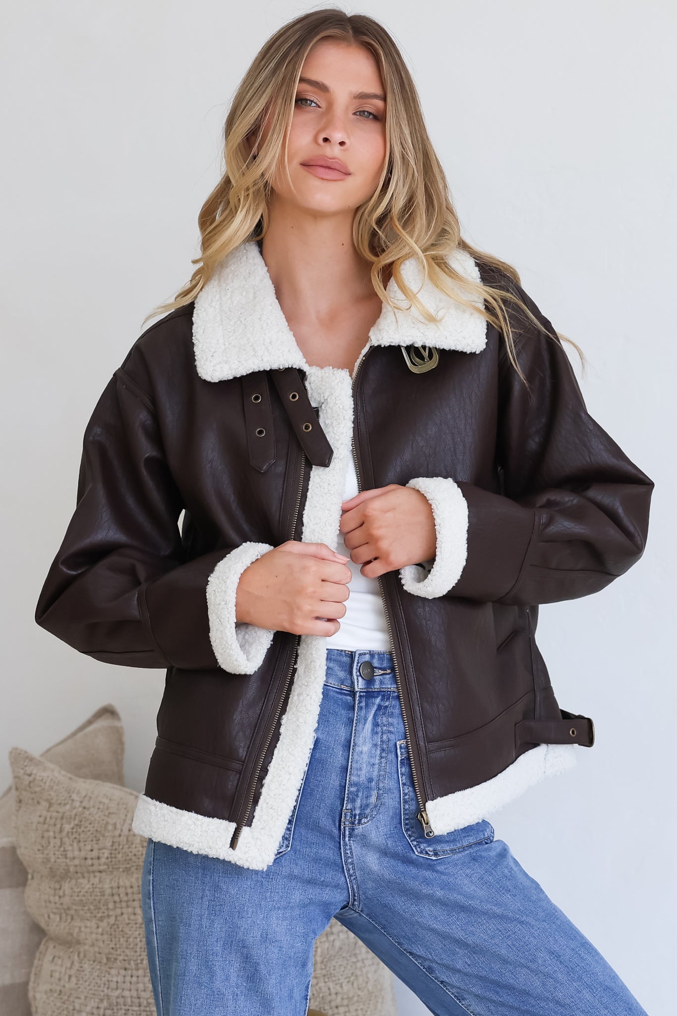 Domingo Jacket - Wing Collared Fleece Lined Biker Jacket in Brown