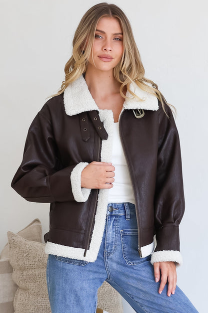 Domingo Jacket - Wing Collared Fleece Lined Biker Jacket in Brown
