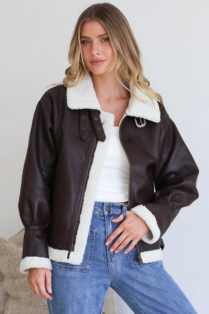Domingo Jacket - Wing Collared Fleece Lined Biker Jacket in Brown