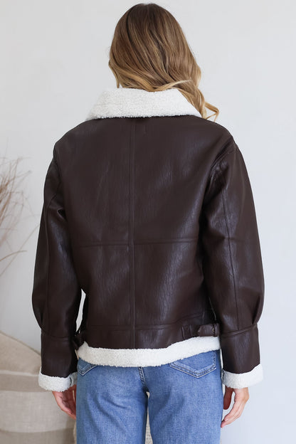 Domingo Jacket - Wing Collared Fleece Lined Biker Jacket in Brown
