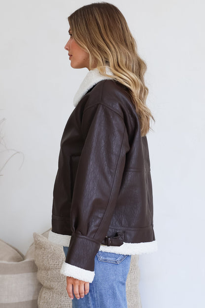 Domingo Jacket - Wing Collared Fleece Lined Biker Jacket in Brown