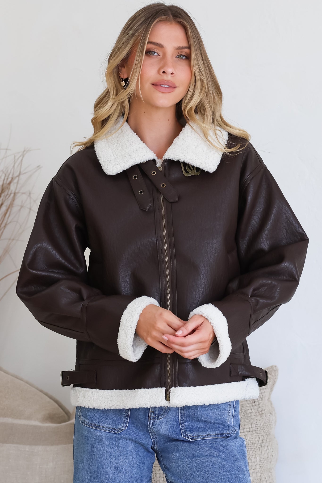 Domingo Jacket - Wing Collared Fleece Lined Biker Jacket in Brown