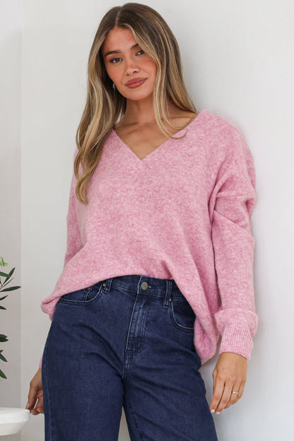 Donoven Jumper - V Neck Lightweight Knit with Ribbed Hemlines in Boysenberry