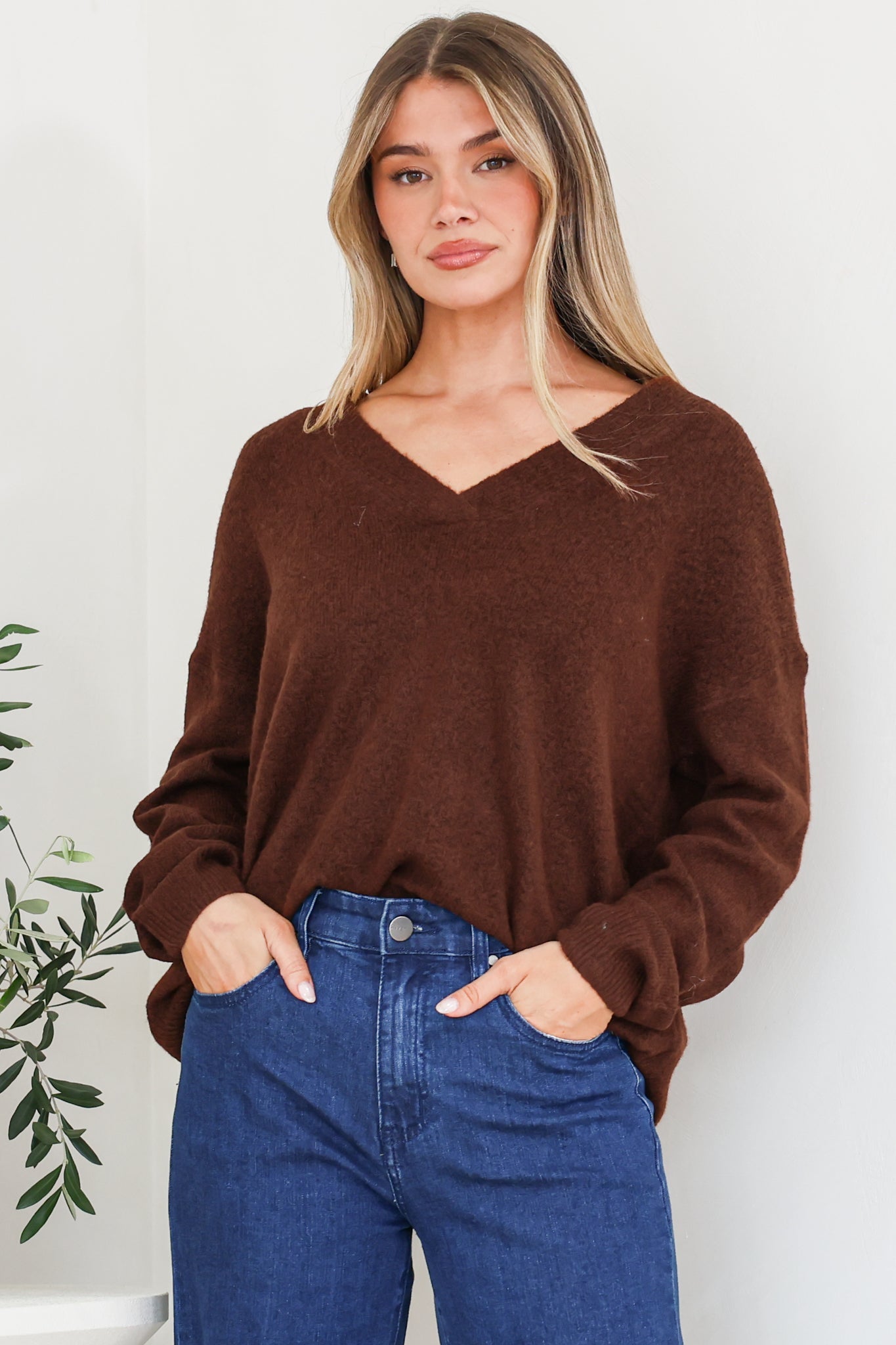 Donoven Jumper - V Neck Lightweight Knit with Ribbed Hemlines in Coffee