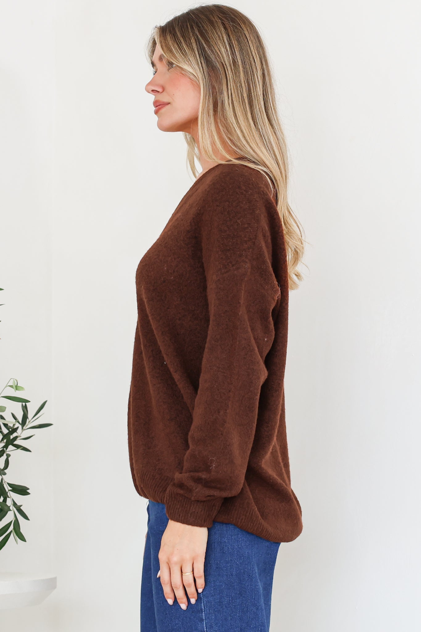 Donoven Jumper - V Neck Lightweight Knit with Ribbed Hemlines in Coffee