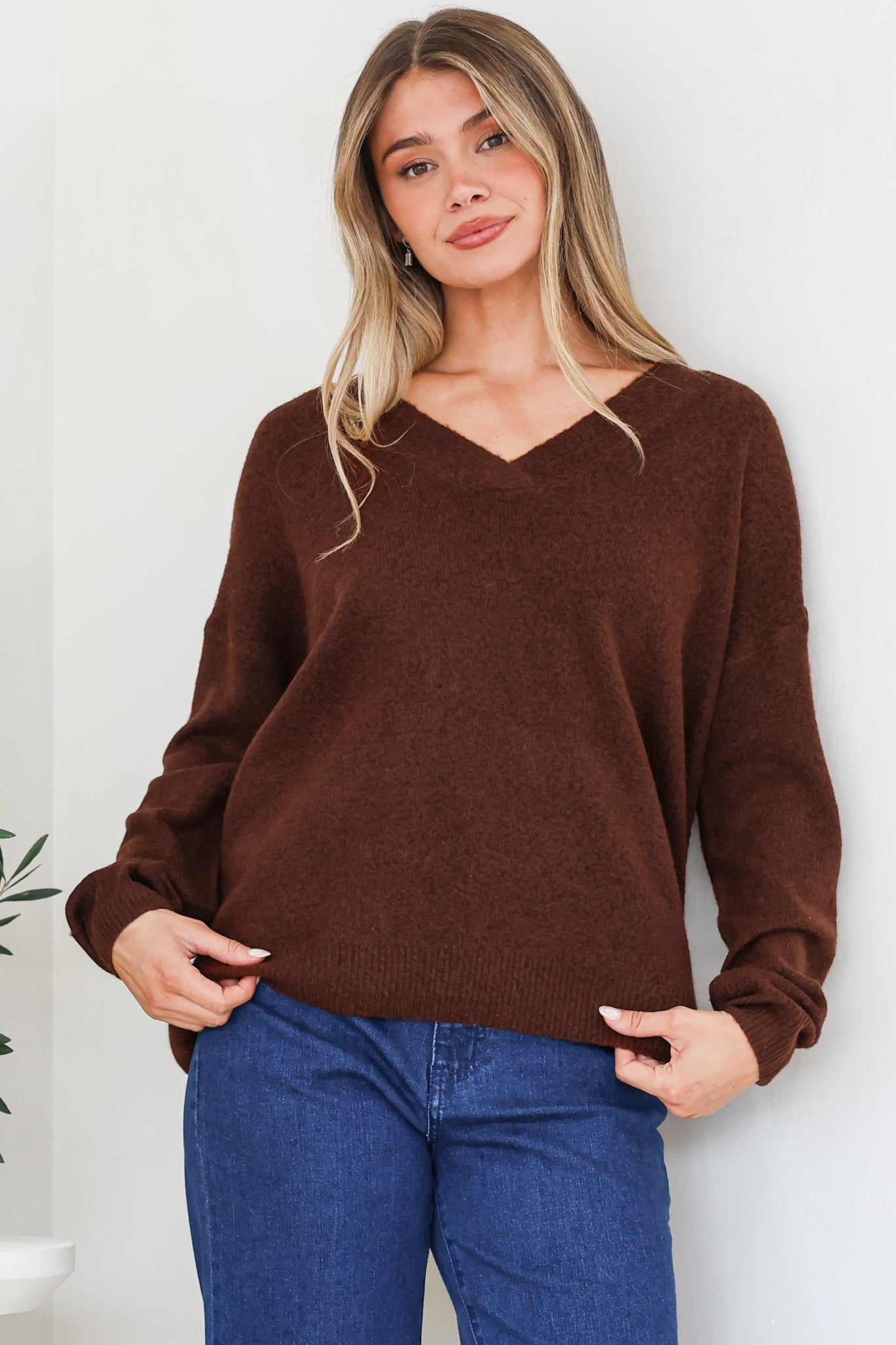 Donoven Jumper - V Neck Lightweight Knit with Ribbed Hemlines in Coffee