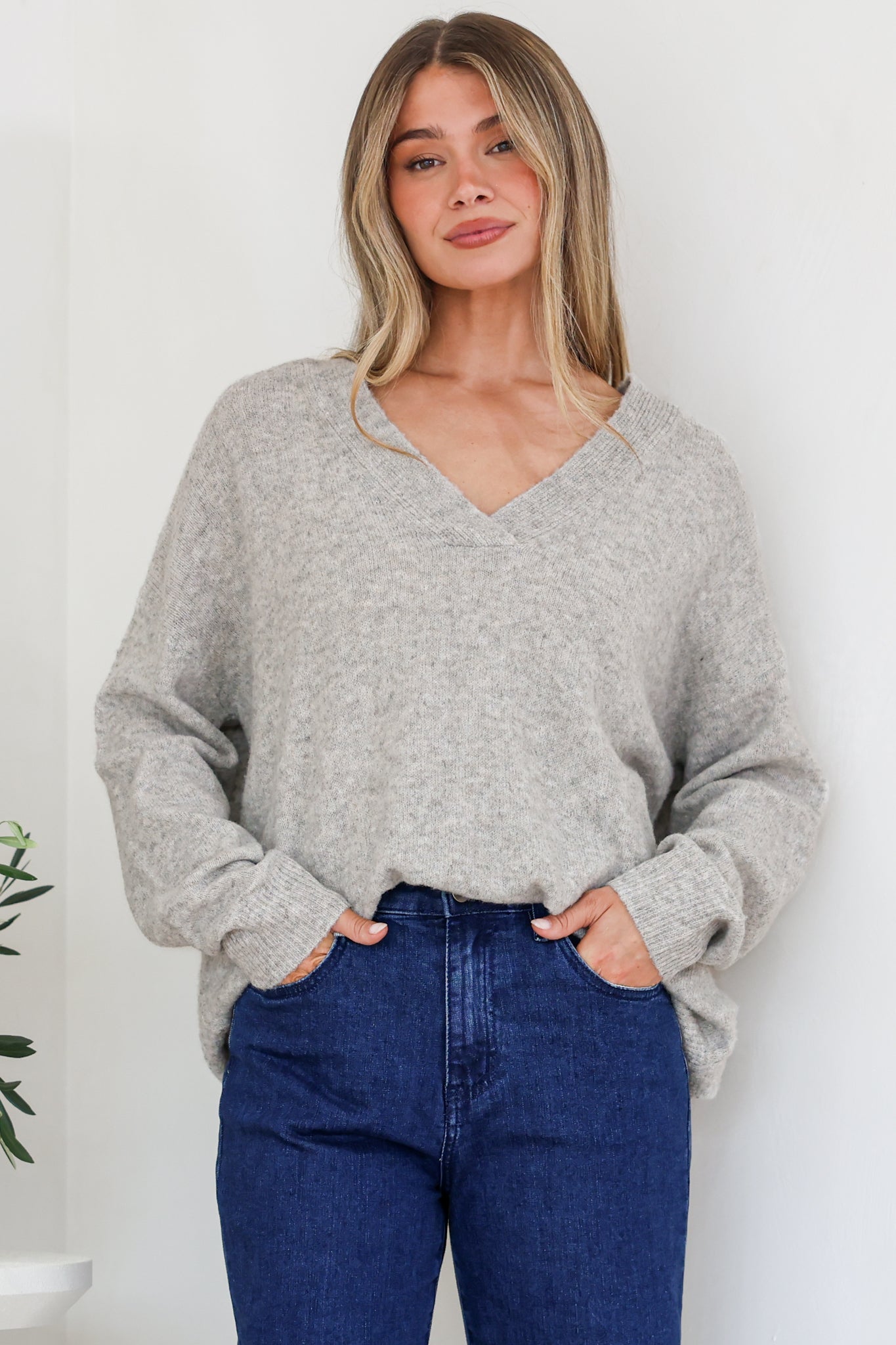 Donoven Jumper - V Neck Lightweight Knit with Ribbed Hemlines in Grey