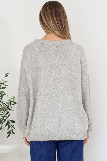 Donoven Jumper - V Neck Lightweight Knit with Ribbed Hemlines in Grey