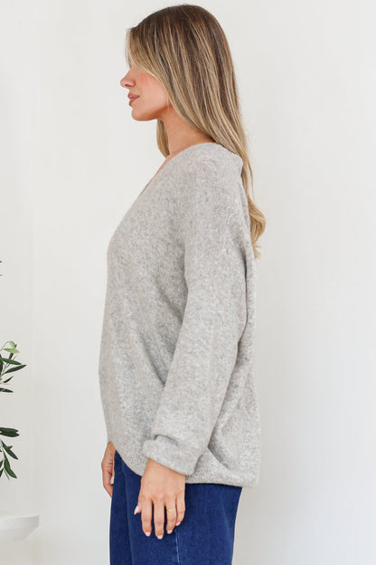 Donoven Jumper - V Neck Lightweight Knit with Ribbed Hemlines in Grey