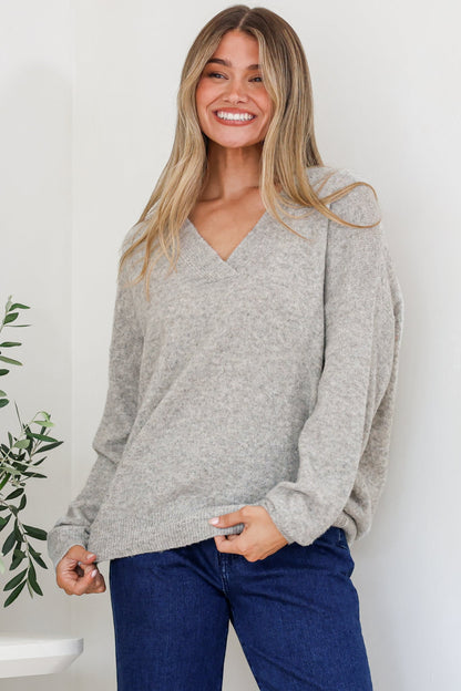 Donoven Jumper - V Neck Lightweight Knit with Ribbed Hemlines in Grey