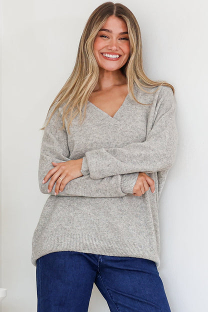 Donoven Jumper - V Neck Lightweight Knit with Ribbed Hemlines in Grey