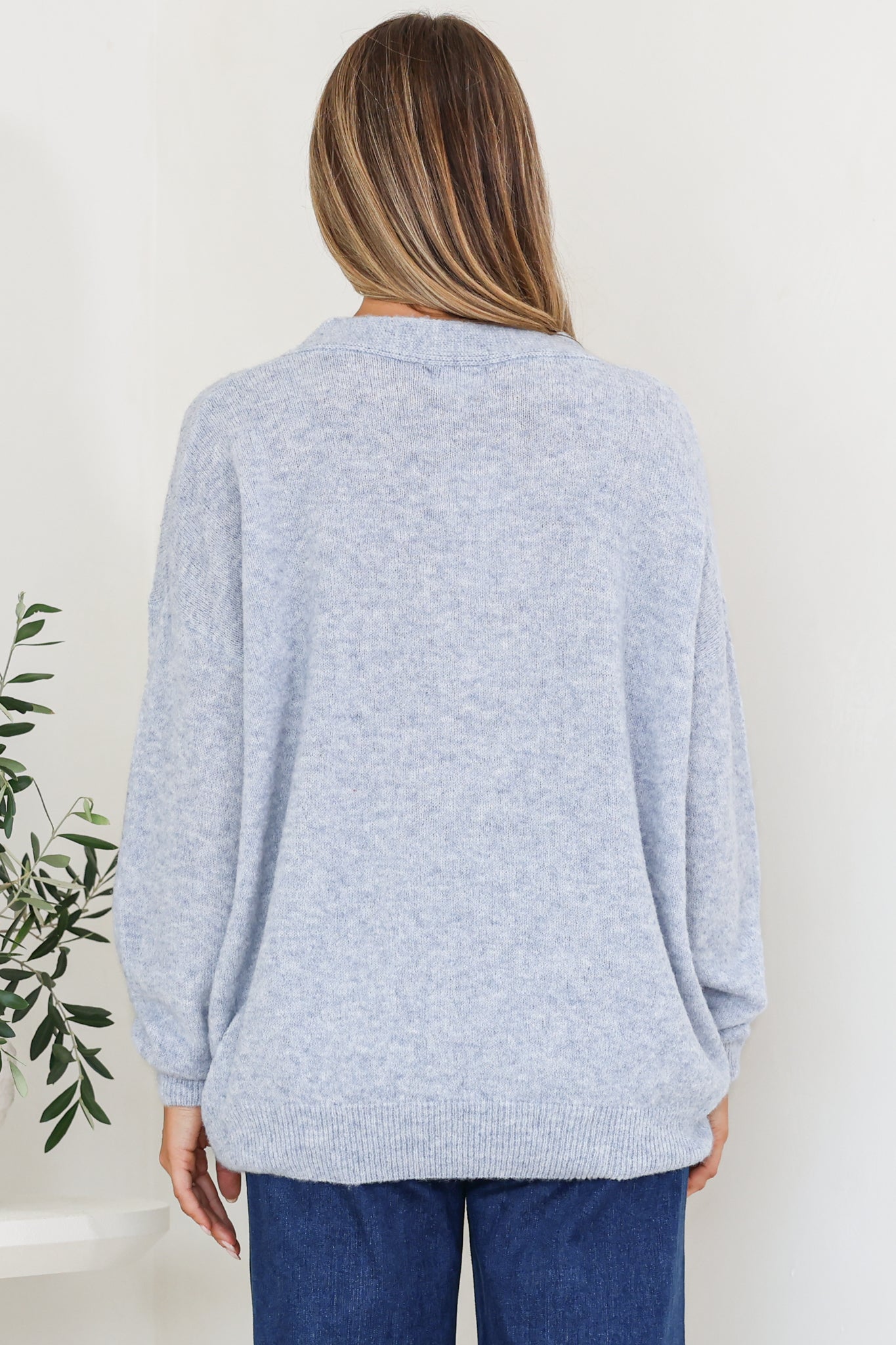 Donoven Jumper - V Neck Lightweight Knit with Ribbed Hemlines in Light Denim Blue