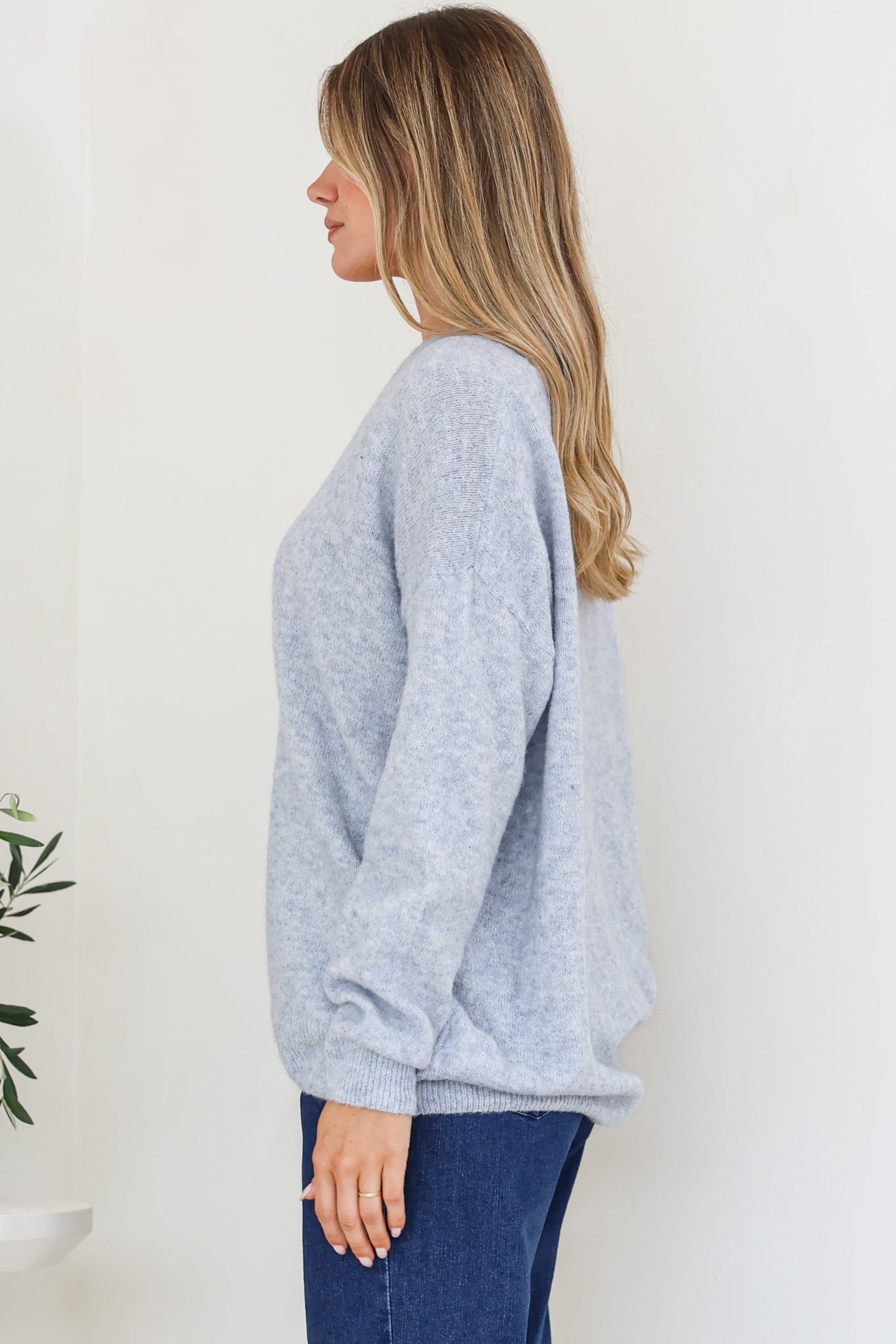 Donoven Jumper - V Neck Lightweight Knit with Ribbed Hemlines in Light Denim Blue